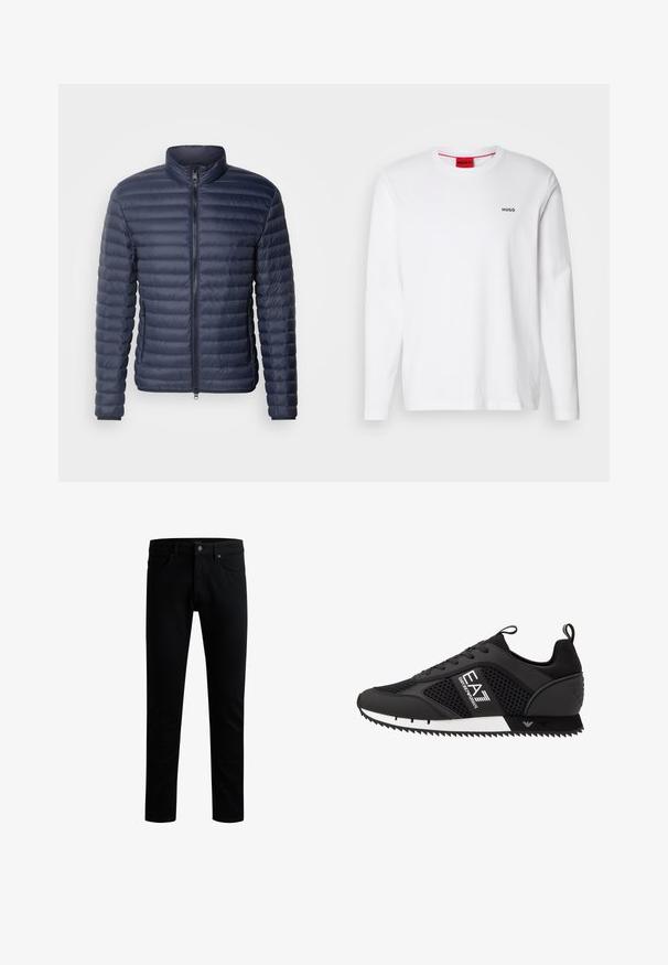 Colmar Originals MENS JACKET - Μπουφάν με πούπουλα - navy blue/vulcan; Λευκό πουκάμισο με μακρύ μανίκι από βαμβάκι, με στρογγυλή λαιμόκοψη, μαύρο λογότυπο "HUGO" στη αριστερή πλευρά του στήθους και απαλό υφή.; Μαύρες τζιν παντελόνες με ίσια γραμμή, πεντατσέπικη σχεδίαση, κλείσιμο με κουμπί μπροστά και διακριτές ραφές στη ζώνη.; EA7 Emporio Armani Αθλητικά παπούτσια - black/white