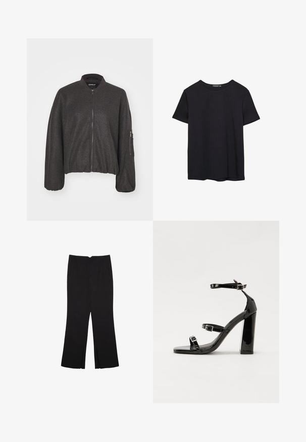 Dunkelgraue Bomberjacke mit Reißverschluss vorne, geripptem Kragen und elastischem Saum. Mit übergroßen Ärmeln und einer Reißverschlusstasche am linken Arm.; Einfaches schwarzes T-Shirt aus Baumwolle mit kurzen Ärmeln und Rundhalsausschnitt, auf einem weißen Hintergrund dargestellt.; Schwarze Hose mit geradem Schnitt, ausgestattet mit Fronttaschen und Seitenschlitzen am Saum. Hergestellt aus weichem, glattem Stoff. Geeignet für verschiedene Anlässe.; Schwarze patentierte Sandalen mit Absatz, quadratischer Spitze, Knöchelriemen und silbernen Schnallen. Mit einem stabilen Blockabsatz für mehr Stabilität.