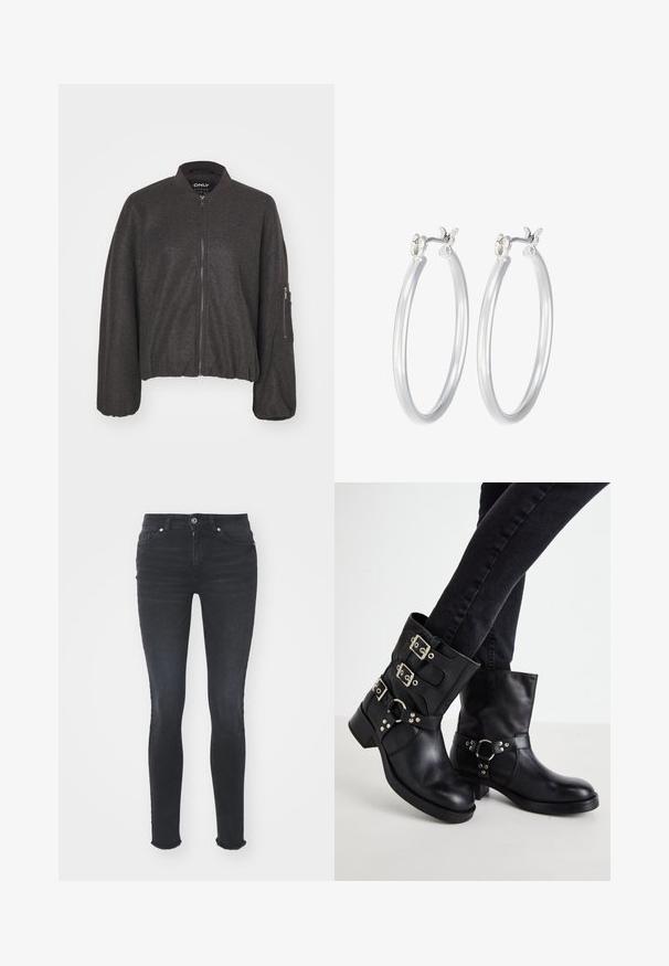 Tmavě šedá bomber bunda se zipem vpředu, žebrovaným límcem a elastickým pasem. Má oversized rukávy a zipovou kapsu na levém rukávu.; Černý body s dlouhým rukávem a vysokým límcem, s pevným materiálem na trupu a průhlednými síťovanými rukávy, navržený v přiléhavém střihu.; Černé skinny džíny z denimu s středně vysokým pasem, pěti kapsami a roztrženým lemem. Materiál má hladkou texturu s mírnou pružností.; Černé kožené kotníkové boty se třemi sponami, zaoblenou špičkou a nízkým blokovým podpatkem. Design obsahuje hladké a texturované panely.; Stříbrné kruhové náušnice s hladkým, lesklým povrchem. Kulatý tvar a bezpečné zapínání na klip. Lehký design vhodný pro každodenní nošení.