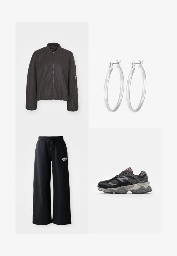 Donkergrijze bomberjack met een rits aan de voorkant, geribbelde kraag en elastische taille. Heeft overgrote mouwen en een ritszak op de linkerarm.; Zwart-witte korte mouwen bodysuits met ronde halzen en stringonderdelen, gemaakt van glad, rekbaar stof.; Zwarte wijde trainingsbroek met een trekkoord in de taille. Bevat geborduurde tekst aan de linkerkant, gemaakt van een zachte katoenmix.; Zwarte en grijze sneaker met een mix van suede en mesh materialen, dikke zool, opvallend logo en een rode accent op de tong.; Zilveren oorbellen in de vorm van een gladde, gepolijste ring. Ronde vorm met een veilige kliksluiting. Lichtgewicht ontwerp, geschikt voor dagelijks gebruik.