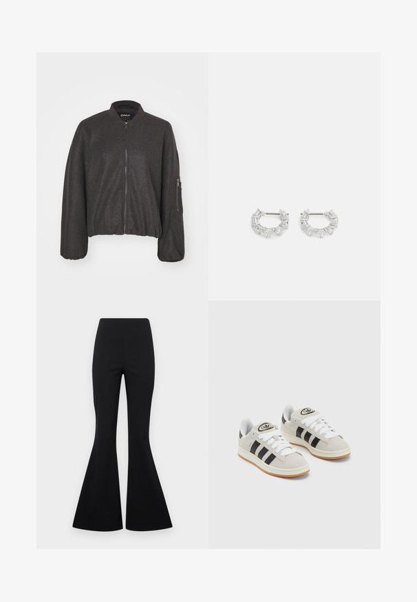 Veste bomber gris foncé avec une fermeture éclair à l'avant, un col pressionné et une taille élastiquée. Présente des manches surdimensionnées et une poche zippée sur le bras gauche.; Trois hauts à manches longues empilés : noir, gris et blanc. Chacun a un col rond et un design court avec un tissu lisse et léger.; Pantalons noirs évasés en tissu extensible avec une texture lisse, présentant une taille haute et des jambes évasées en forme de cloche.; Baskets en suède gris avec des lacets blancs, des rayures noires et une semelle en caoutchouc blanc. Présentent un logo circulaire sur la languette et une semelle en gomme.; Boucles d'oreilles en argent, ornées de cristaux clairs rectangulaires et triangulaires disposés en cercle autour d'un axe central pour le maintien.