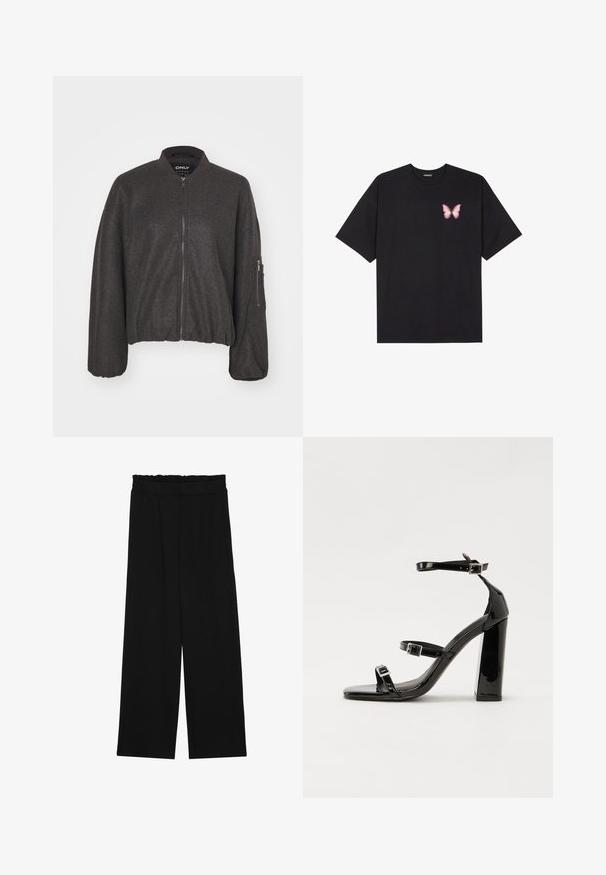 Mørkegrå bomberjakke med lynlås foran, ribbet krave og elastisk talje. Har overdimensionerede ærmer og en lynlåslomme på venstre arm.; Sort bomulds T-shirt med korte ærmer, prydet med en lille pink sommerfugl grafik på venstre bryst. Rund hals design med en afslappet pasform.; Sorte brede bukser med en rynket talje, der har to sidelommer og et glat, let stof. Ingen synlige mønstre eller hardware.; Sorte patenterede hælsandaler med firkantet tå, ankelremme og sølvspænder. Har en chunky blokHæl for stabilitet.