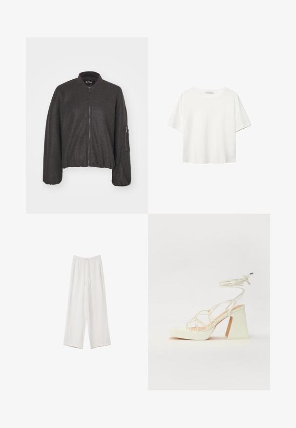 Dunkelgraue Bomberjacke mit Reißverschluss vorne, geripptem Kragen und elastischem Saum. Mit übergroßen Ärmeln und einer Reißverschlusstasche am linken Arm.; Weißes T-Shirt mit kurzen Ärmeln aus Baumwolle. Hat einen Rundhalsausschnitt und eine lockere Passform. Glatte Textur ohne sichtbare Muster oder Akzente.; Weiße weit geschnittene Hose aus leichtem Stoff. Mit einem elastischen Bund und Kordelzug sowie Seitentaschen. Glatte Textur.; Weiße High-Heel-Sandale mit einem klobigen Absatz, die über ein Riemchendesign und ein Knöchelband verfügt. Glatte Textur mit einer Plattform vorne für zusätzliche Höhe.