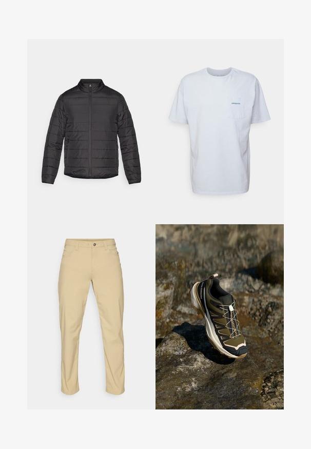 Černá péřová bunda s vysokým límcem, zipovým zapínáním a bočními kapsami. Má prošívanou texturu s horizontálním švem.; Bílá bavlněná tričko s krátkými rukávy, kulatým výstřihem a kapsou na levé straně hrudi, která má modré logo "Patagonia". Klasický střih s hladkou strukturou.; Patagonia QUANDARY PANTS - Outdoorové kalhoty - classic tan; Trekové boty v olivově zelené a černé barvě s růžovými detaily. Mají texturovaný svršek, flexibilní podrážku, vyztuženou špičku a barevný systém šněrování.