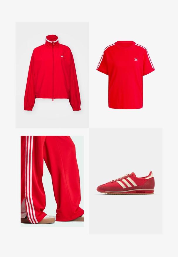 Červená bundy so zipsom, vysokým golierom, elastickými manžetami a bielym akcentom. Má malé biele logo na hornej ľavej strane.; Červené bavlnené tričko s okrúhlym výstrihom, krátkymi rukávmi, bielymi trojprúžkovými akcentmi na pleciach a malým bielym logom na hrudi.; Červené teplákové nohavice s bielymi pruhmi po stranách, vo voľnom strihu a so zipsom na spodnej časti. Nosené s svetlými športovými topánkami.; Červená športová teniska s textúrovaným zvrškom, tromi bielymi pruhmi, okrúhlou špičkou a gumovou podrážkou s logom na strane.