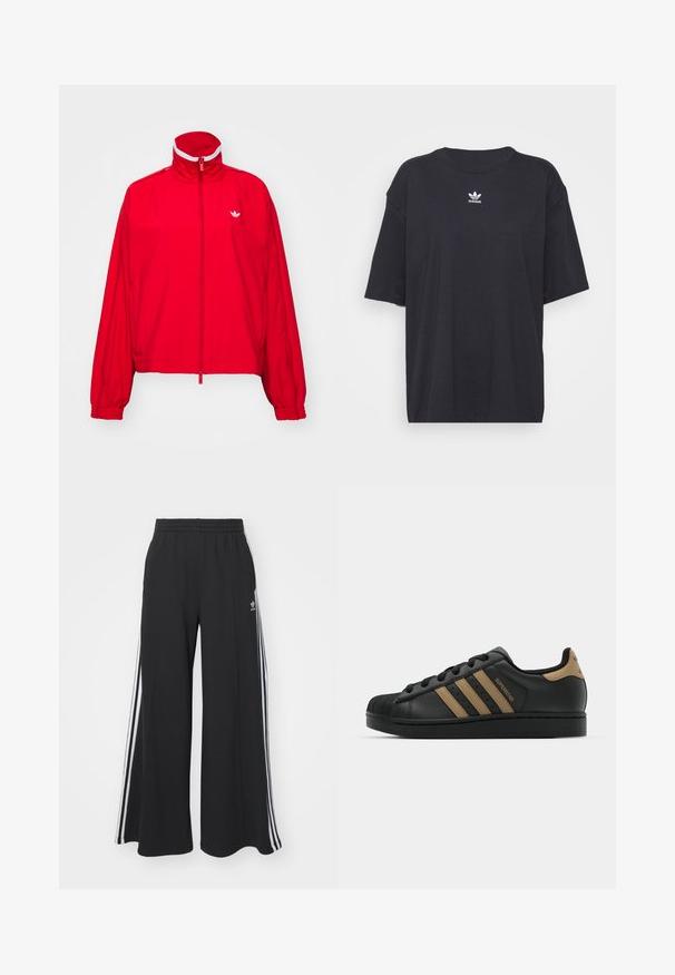 Casaco vermelho com fecho éclair, gola alta, punhos elásticos e um detalhe branco. Apresenta um pequeno logótipo branco no lado superior esquerdo.; T-shirt de algodão preto com mangas curtas, decote arredondado, apresenta um logótipo branco da Adidas no peito. Design simples, ajuste descontraído.; Calças de suor largas e pretas com uma cintura elástica, apresentando riscas brancas nas laterais e um logótipo bordado na coxa esquerda.; Sapatilha de couro preta com três riscas castanhas, biqueira de borracha texturizada, sistema de atacadores, e sola plana preta. Apresenta um logotipo discreto no calcanhar.