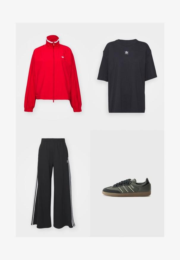 Casaco vermelho com fecho éclair, gola alta, punhos elásticos e um detalhe branco. Apresenta um pequeno logótipo branco no lado superior esquerdo.; T-shirt de algodão preto com mangas curtas, decote arredondado, apresenta um logótipo branco da Adidas no peito. Design simples, ajuste descontraído.; Calças de suor largas e pretas com uma cintura elástica, apresentando riscas brancas nas laterais e um logótipo bordado na coxa esquerda.; adidas Originals SAMBA OG - Sapatilhas - core black/legend earth/gum