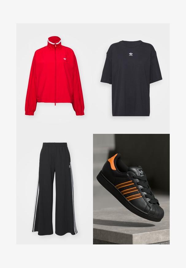 Casaco vermelho com fecho éclair, gola alta, punhos elásticos e um detalhe branco. Apresenta um pequeno logótipo branco no lado superior esquerdo.; T-shirt de algodão preto com mangas curtas, decote arredondado, apresenta um logótipo branco da Adidas no peito. Design simples, ajuste descontraído.; Calças de suor largas e pretas com uma cintura elástica, apresentando riscas brancas nas laterais e um logótipo bordado na coxa esquerda.; Sapatilha preta com detalhes laranja, três riscas horizontais, parte superior em couro texturizado, bico de borracha e atacadores pretos.