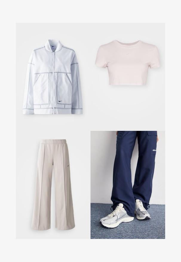 Vit Nike-jacka med dragkedja framtill, hög krage, framträdande sömmar, två framfickor och en liten svart logotyp på den nedre framsidan.; Kortärmad T-shirt i ljusrosa, tillverkad av mjukt material. Har rundad halsringning och korta ärmar med en liten vit Nike-logotyp på bröstet.; Ljusgrå vida byxor tillverkade av mjukt tyg. Har en elastisk midja och svart Nike-logotyp på vänster sida.; Nikes sportskor med en silverfärgad nätöverdel, vita detaljer och texturerade sulor, i kombination med löst sittande marinblå byxor.