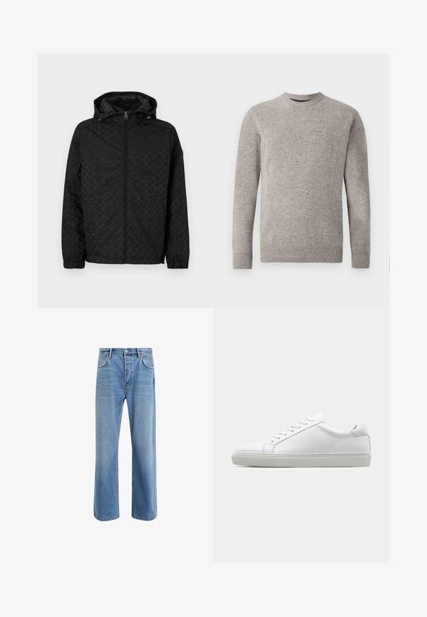 Schwarze Jacke mit Kapuze, ausgestattet mit einem strukturierten Muster, Reißverschluss und elastischen Bündchen. Glatte Oberfläche mit Seitentaschen zur Aufbewahrung.; Hellgrauer gestrickter Pullover mit Rundhalsausschnitt, langen Ärmeln und gerippten Bündchen und Saum. Strukturiertes Muster mit Farbklecksen.; Helle blaue Jeans im Geradeschnitt-Design, mit fünf Taschen, Knopfverschluss, minimaler Ausbleichung und kontrastierenden Nähdetails.; Weißer Sneaker mit glattem Lederobermaterial und niedrigem Profil. Verfügt über eine runde Zehenpartie, sechs Ösen und eine strukturierte Gummisohle.