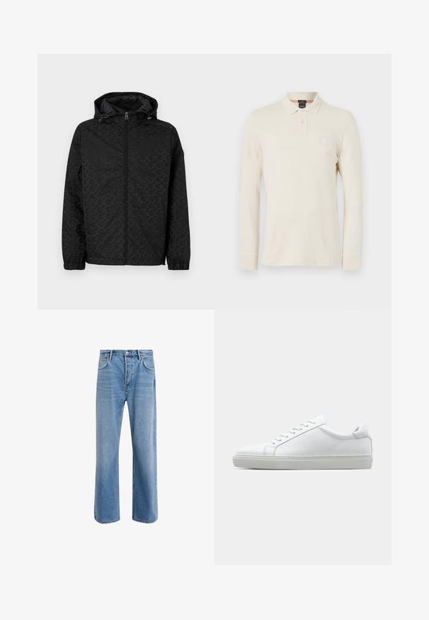 Zwarte jas met een capuchon, gekenmerkt door een textuurpatroon, ritssluiting en elastische manchetten. Gladde afwerking met zijzakken voor opslag.; Langarm polo shirt in lichtbeige, gemaakt van gladde stof, met een polokraag, een knoopsluiting met twee knopen en een klein logopatch op de borst.; Lichtblauwe denim jeans met een straight-leg ontwerp, vijf zakken, knoopsluiting, minimale vervaging en contrasterende stikseldetails.; Witte sneaker met een gladlederen bovenwerk en een laag profiel. Voorzien van een ronde neus, zes vetergaatjes en een gestructureerde rubberen zool.