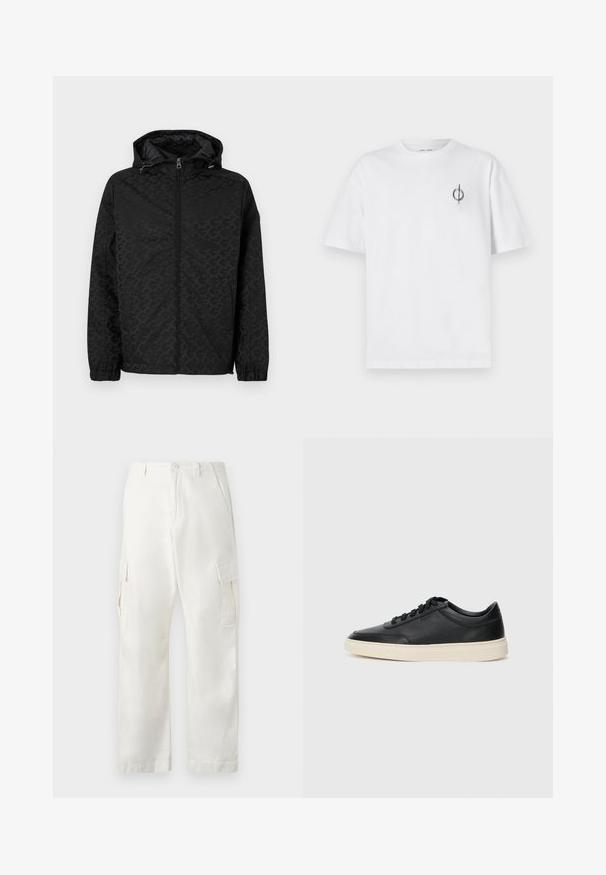 Svart jakke med hette, med et teksturert mønster, glidelås foran og elastiske mansjetter. Glatt overflate med sidelommer for oppbevaring.; Hvit bomull t-skjorte med avslappet passform, med en liten svart grafisk logo på venstre brystområde. Korte ermer, rund hals.; Hvite cargo bukser laget av bomull, med rett ben-design, to sidelommer og to cargo lommer på lårene.; Svarte lavtopp lær sneakers med svarte snører og off-white såle vist i sidesyn på hvit bakgrunn.