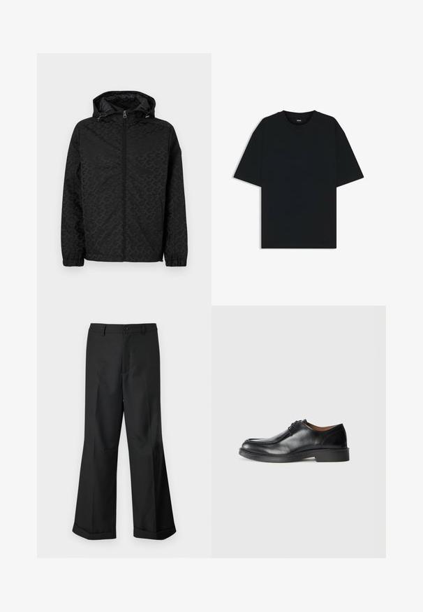 Sort jakke med hætte, prydet med et tekstureret mønster, lynlås lukning og elastiske manchetter. Glat overflade med sidelommer til opbevaring.; Sort bomuld t-shirt med rund halsudskæring og korte ærmer. Har en løs pasform og et enkelt design uden mønstre eller accenter.; Sorte vide benbukser med knappet talje og opslåede ben, præsenteret mod en ensfarvet hvid baggrund.; Sorte lædersko med rund tå, glat overflade, snøre detaljer og en lav, tekstureret gummisål. Rene linjer og minimalistisk design.