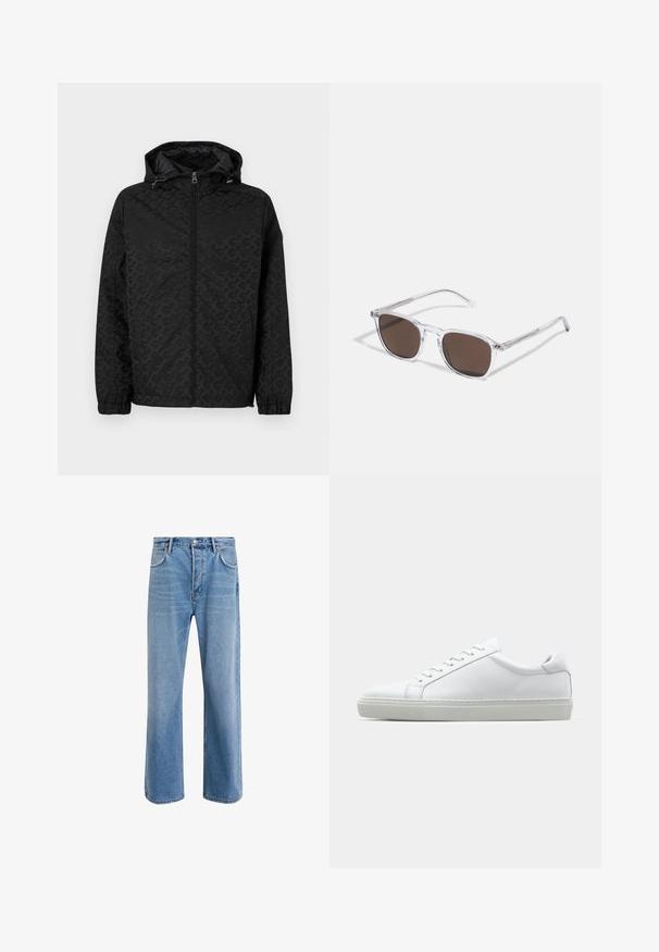 Jachetă neagră cu glugă, cu un model texturat, închidere cu fermoar și manșete elastice. Finisaj neted cu buzunare laterale pentru depozitare.; Cămașă albă din bumbac cu mâneci lungi, decolteu rotund, fante pe laterale la baza, cu o textură netedă, expusă din spate.; Jeans din denim bleu deschis cu un design drept, cinci buzunare, închidere cu buton, decolorare minimă și detalii de cusătură în contrast.; Adidași albi cu o suprafață din piele netedă și un profil jos. Au un vârf rotunjit, șase orificii pentru șireturi și o talpă din cauciuc texturată.; Ochelari de soare din plastic transparent cu lentile dreptunghiulare maro, având brațe subțiri, transparente și accente metalice pe tâmple.