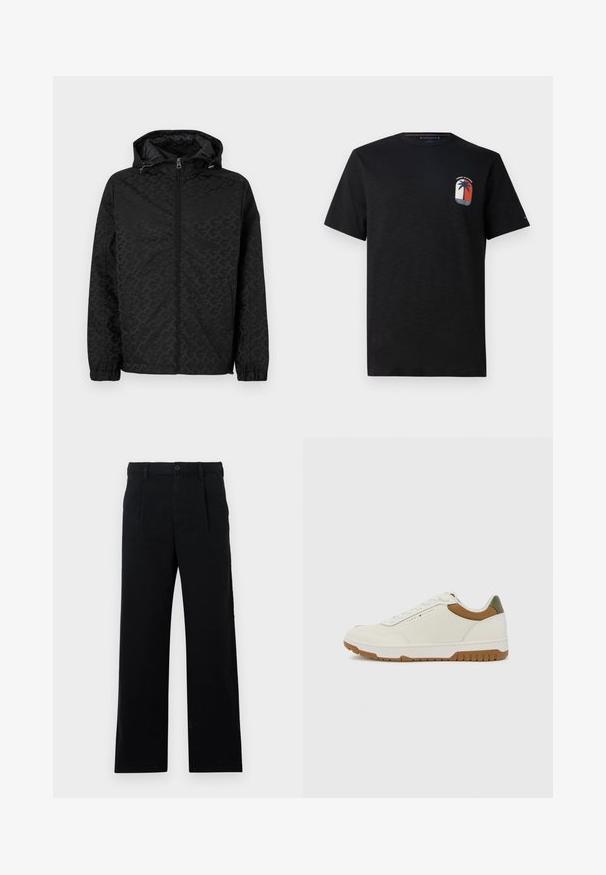 Sort jakke med hætte, prydet med et tekstureret mønster, lynlås lukning og elastiske manchetter. Glat overflade med sidelommer til opbevaring.; Sort bomulds t-shirt med rund halsudskæring og kortærmer. Har et palmetrælogo i rød, hvid og blå på brystet.; Sorte skræddersyede bukser lavet af bomuld; har en flad front, synlige stikninger og lige ben. Knaplukning ved taljen.; Tommy Hilfiger BASKET CORE - Sneakers - ecru/army green
