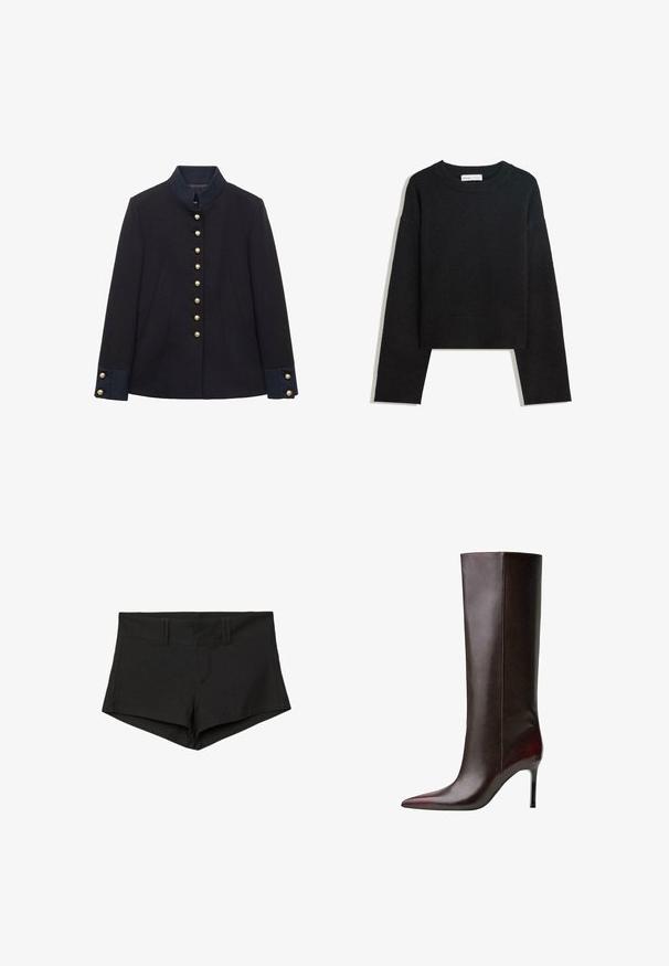 Mornarsko modra jakna iz volnenega mešanega materiala z mandarin ovratnikom, zlatimi gumbi spredaj in kontrastnimi manšetami. Ima strukturirano silhueto in nabore.; Črna dolga pletena pulover z dolgimi rokavi, krojnim izrezom, rebrastimi manšetami in robom ter krajšo dolžino.; Črne bombažne kratke hlače s prilagojenim dizajnom, z visokim pasom in stranskimi žepi. Tkanina ima gladko teksturo in minimalne šive.; Rjavi usnjeni škornji do kolen s koničastim nosom, sijoča tekstura in stiletto peto. Šivana obdelava ob strani.