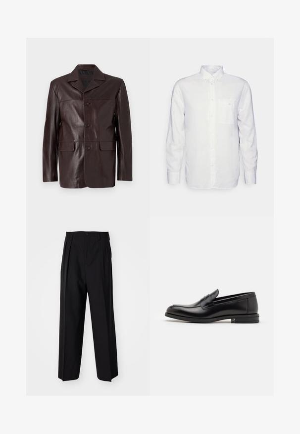 Giacca in pelle marrone con colletto, chiusura frontale con bottoni, due tasche inferiore e una texture liscia e lucida.; Camicia bianca a maniche lunghe realizzata in cotone, con colletto button-down, tasca frontale e vestibilità regolare. Tessuto testurizzato con una superficie liscia.; Pantaloni neri a pieghe con un design dritto e gamba larga. Realizzati in tessuto morbido, con chiusura a bottone e passanti per cintura.; Mocassini neri in pelle con una texture liscia, punta arrotondata e una striscia decorativa sulla tomaia. Tacco basso impilato, design minimalista.