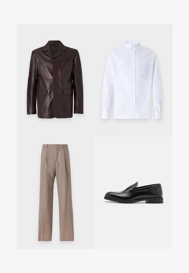 Brown leather jacket with a collared neckline, front button closure, two lower pockets, and a smooth, shiny texture.; White long-sleeve button-up shirt made of cotton, featuring a chest pocket with tonal embroidery, a collar, and button cuffs.; Brown, high-waisted trousers made of textured fabric. Features wide legs and two front pleats for structure. Neat finish with no visible hardware.; Black leather loafers with a smooth texture, rounded toe, and a decorative strap across the vamp. Low stacked heel, minimalist design.