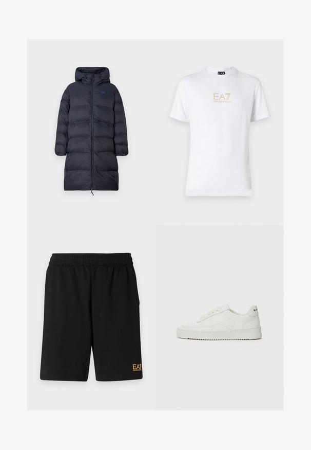 Hosszú, sötétkék, párnázott télikabát kapucnival, teljes hosszúságú cipzárral, rugalmas mandzsettákkal és EA7 logóval a mellkason.; Fehér pamut póló, kerek nyakkivágással és rövid ujjakkal, az elején arany EA7 Emporio Armani logóval nyomtatva.; Fekete sportnadrág puha anyagból, rugalmas derékkal és egy kis sárga EA7 logóval a bal alsó lábszáron.; Fehér bőr sportcipő sima felülettel, kerek orral, lapos fűzőkkel és texturált talppal. Finom logó található a sarokon.