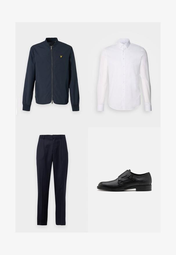 Navy zip-up jacket featuring a ribbed collar and cuffs, made of lightweight material with a small yellow logo on the left chest.; White long-sleeve button-up shirt made from cotton, featuring a classic collar, front buttons, and minimal stitching detail.; Navy blue tailored dress pants with front pleats, belt loops, and a tapered leg design against a white background.; Black leather dress shoe with dual buckles, sleek silhouette, and round toe. Features a low heel and smooth texture.