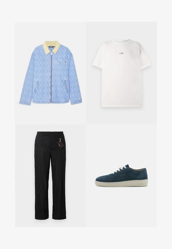 Šviesiai mėlyna džinsinė striukė su geltonu apykakle, puikuojanti pakartotiniu logotipo raštu, užtrauktuku ir priekinėmis kišenėmis.; Balta medvilninė marškinėlių su trumpomis rankovėmis, centre esantis mažas spausdintas ženklelis. Atsipalaidavusi forma ir švelni tekstūra.; Juodos, tekstūruotos, plačios kelnės su lygiu paviršiumi ir matomomis siūlėmis; pridedama etikete, prisegta sidabriniu metaliniu žiedu.; Mėlyni zomšiniai sportbačiai su suapvalintu priekiu, baltais raišteliais ir guminėmis padais. Yra subtilių siuvinėjimų ir ženklas ant šono.