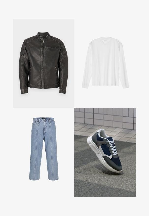 Veste en cuir noir avec un col haut, fermeture éclair à l'avant, poches latérales et accents matelassés sur les épaules pour plus de texture et de détails.; T-shirt en coton blanc à manches longues avec un col rond et des poignets côtelés. Design simple et sans ornements, avec une texture lisse et une coupe standard.; Jean en denim bleu clair avec une coupe ample, des jambes larges et des détails de couture visibles. Il dispose d'une fermeture à bouton et zip, ainsi que de cinq poches.; Baskets avec une tige en mesh bleu marine, des accents en suède gris, une semelle en caoutchouc blanc et des lacets plats blancs, conçues pour le confort et la respirabilité.