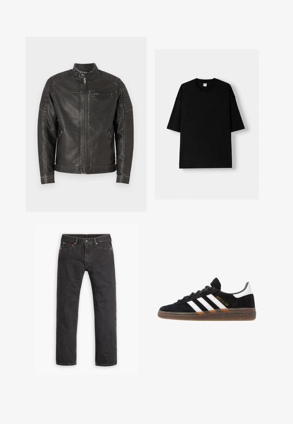 Černá kožená bunda s vysokým límcem, zipovým zapínáním, bočními kapsami a prošívanými rameny pro přidanou strukturu a detail.; Černé bavlněné tričko s krátkým rukávem, kulatým výstřihem a volným střihem. Hladký povrch a minimalistický design, bez vzorů nebo akcentů.; Černé džíny s rovnými nohavicemi, pěti kapsami, zapínáním na knoflík a měděnými nýty, rozložené na bílém pozadí.; Černé tenisky Adidas se bílými pruhy, zlatým textem "Spezial", gumovou podešví a bílou patní částí, zobrazené v bočním pohledu.