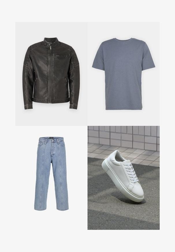 Veste en cuir noir avec un col haut, fermeture éclair à l'avant, poches latérales et accents matelassés sur les épaules pour plus de texture et de détails.; T-shirt gris à manches courtes avec un col rond, fabriqué en un doux tissu en mélange de coton. Design simple, sans motifs ni accents.; Jean en denim bleu clair avec une coupe ample, des jambes larges et des détails de couture visibles. Il dispose d'une fermeture à bouton et zip, ainsi que de cinq poches.; Baskets en cuir blanc avec une surface lisse, bout rond et lacets plats blancs. Présentent une semelle en caoutchouc texturée et des éléments de design minimalistes.