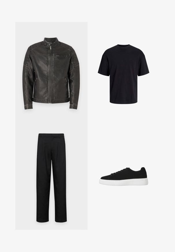 Sort læderjakke med høj krave, lynlåslukning foran, sidelommer og quiltede skulderdetaljer for ekstra tekstur og detaljer.; Sort bomulds t-shirt med rund hals, korte ærmer og en afslappet pasform. Glat tekstur uden synlige mønstre eller accenter.; Sorte bukser lavet af glat stof, med et lige ben-design, to frontfolder og en standard talje med bæltestropper.; Sorte ruskinds sneakers med rund tå, snørebånd foran og hvid gummisål. Enkel design med minimale detaljer og glat overflade.