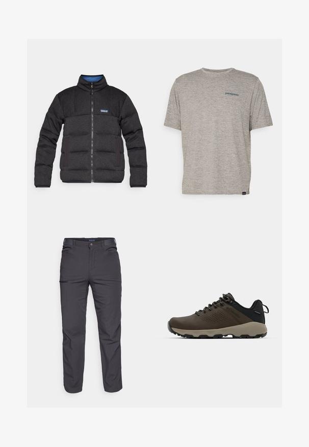 Geacă neagră căptușită cu guler înalt, fermoar frontal și căptușeală interioară albastră în contrast. Are buzunare laterale și un logo de marcă pe piept.; Tricou gri cu mânecă scurtă, fabricat dintr-un material moale și texturat, având un mic logo al brandului Patagonia în culoare albastră pe pieptul stâng. Fără modele suplimentare.; Pantaloni negri închis dintr-un material rezistent, cu un buzunar cu fermoar, croială dreaptă și bucle pentru curea pentru ajustarea potrivirii.; Adidași impermeabili maro, cu un superior texturat, accente perforate, suport pentru călcâie negru și o talpă din cauciuc gri. Șireturile au vârfuri metalice.