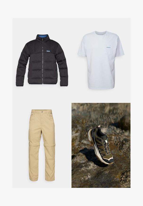 Melnā polsterētā jaka ar augstu apkakli, priekšējo rāvējslēdzēju un kontrastējošu zilu iekšējo oderi. Iespējamas sānu kabatas un zīmola logo uz krūšu daļas.; Balts kokvilnas T-krekls ar īsām piedurknēm, apaļu kakla izgriezumu un kreisajā krūtī kabatu ar zilu "Patagonia" logotipu. Klasiska piegriezuma ar gludu struktūru.; Beige izņemamās bikses ar gludu tekstūru, kas aprīkotas ar divām sānu kabatām, pogu aizdari un ar iespēju uzrullēt piedurknes, lai nodrošinātu daudzveidību.; Tūrisma apavi olīvzaļā un melnā krāsā ar rozā akcentiem. Iespējas ietver teksturētu virsu, elastīgu zoli, pastiprinātu purngalu un krāsainu šņorējuma sistēmu.