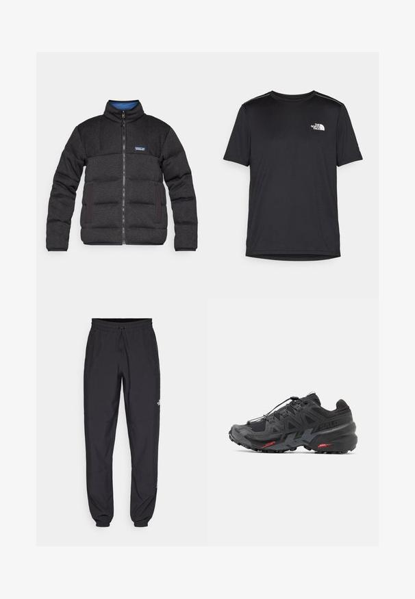 Casaco acolchoado preto com um colarinho alto, fecho dianteiro e forro interior azul em contraste. Apresenta bolsos laterais e um logótipo da marca no peito.; T-shirt preto de manga curta feito de um tecido leve. Apresenta um pequeno logo branco ao lado esquerdo do peito e detalhes subtis nos ombros.; Calças atléticas pretas feitas de tecido leve, com um cós ajustável por cordão, bolsos laterais e punhos afunilados nos tornozelos.; Sapatilha de corrida preta com parte superior em sintético, design texturizado e detalhes em vermelho contrastante. Apresenta um sistema de atilho seguro e sola robusta.