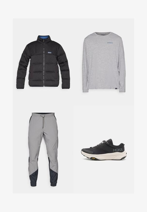 Črna podložena jakna z visokim ovratnikom, sprednjim zadrgo in kontrastno modrim notranjim podloženjem. Ima stranske žepe in blagovno znamko na prsih.; Svetlo siva majica dugih rukava od mekog, teksturiranog materijala. Ima okrugli izrez i mali plavi Patagonia logo na grudima.; Lahki, sivi atletski hlače z črnimi dodatki. Elastika v pasu, zategovalna vrvica, oblikovana noga in stranske žepe.; Črna športna copata z teksturiranim zgornjim delom, s srebrnimi detajli, odsevnimi elementi in debelim belim podplatom, ki nosi blagovno znamko Vibram.
