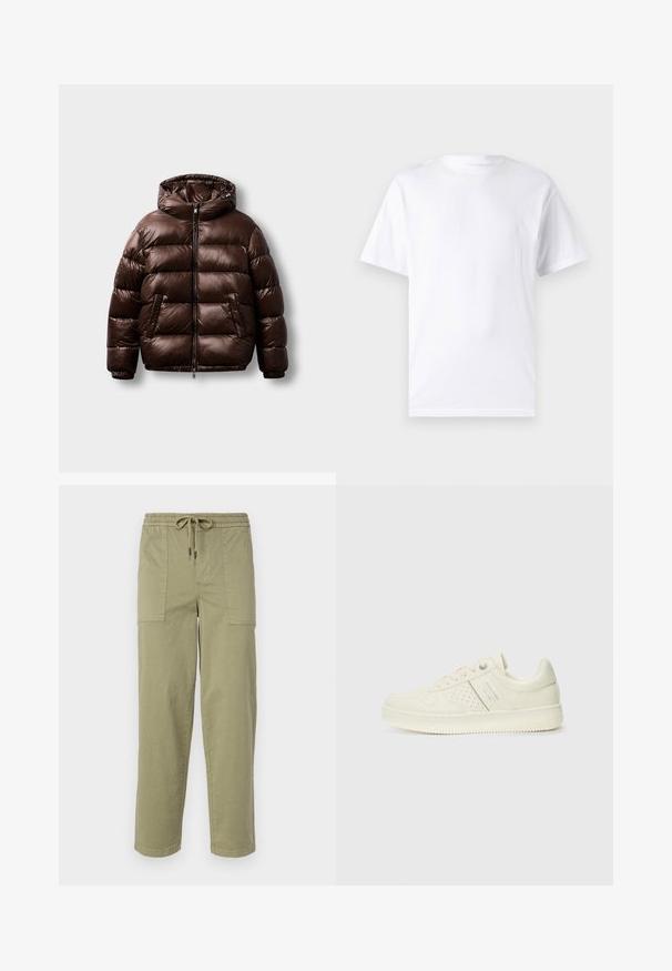 Smeđa puffer jakna izrađena od sjajnog materijala, s kapuljačom, prednjim zatvaračem i dva bočna džepa, kutnog oblika s ušivenim uzorkom.; Bijela kratka majica s kratkim rukavima od pamuka s okruglim izrezom, s glatkom teksturom i jednostavnim dizajnom bez uzoraka ili naglasaka.; Svijetlo maslinasto zelene hlače od mješavine pamuka, sa elastičnom strukom i vezicom, te dva velika bočna džepa.; Kremasto bijele tenisice s perforiranim detaljima, vezicama i logotipom s bočne strane, prikazane na jednostavnoj bijeloj pozadini.