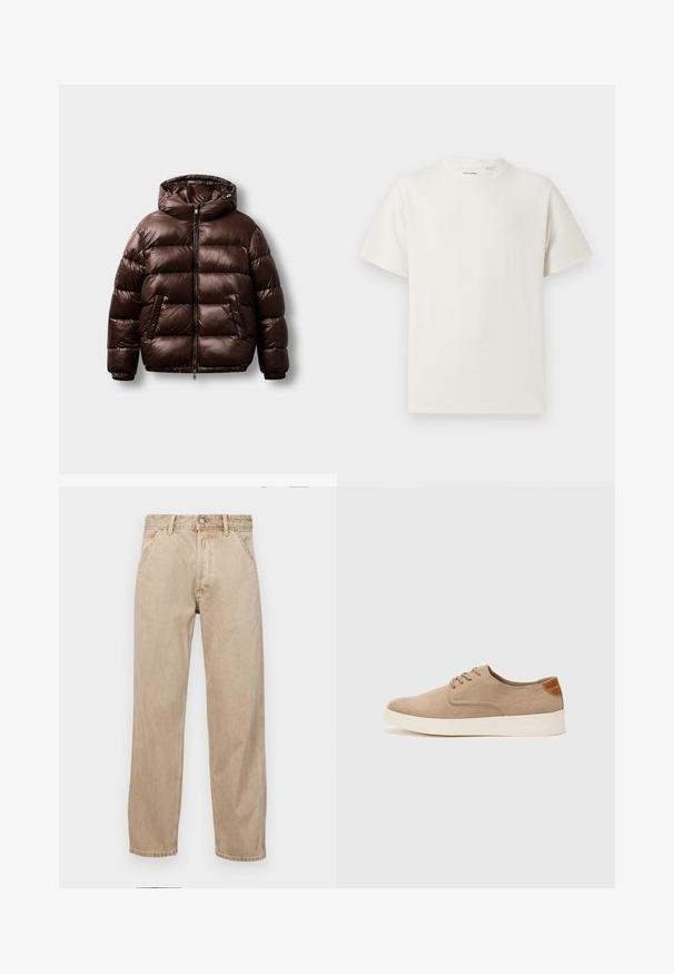 Ruskea puhallettava takki kiiltävästä materiaalista, jossa on huppu, etuvetoketju ja kaksi sivutaskua, sekä boksimainen muotoilu ja tikattu kuvio.; Valkoinen lyhythihainen T-paita ribbikuviossa. Pyöreä kaula-aukko, rento istuvuus, ei näkyviä kuvioita tai yksityiskohtia. Yksinkertainen ja monikäyttöinen muotoilu.; Beige farkkuhousut suoranlahkeisella muotoilulla, joissa on etutaskut, metallinen nappisulku ja hillitty rakenne.; Beige nubuck-lenkkarit, joissa on pyöreä kärki, nauhakiinnitys ja teksturoitu takaosa. Valkoinen kumipohja tuo kontrastia. Yksinkertainen ja moderni muotoilu.