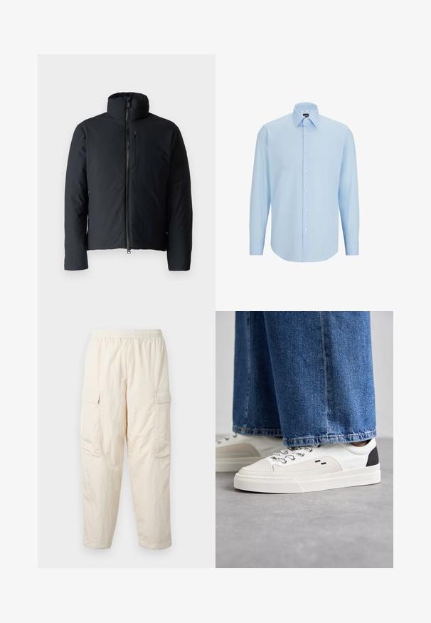 Čierna vyp ঢ búšková bunda s stojatým golierom, predným zipsom a zipsovou vreckom na hrudi. Hladký materiál, mierne priliehavý strih.; Svetlomodrá košeľa s dlhým rukávom vyrobená z hladkej tkaniny, s gombíkovou légiou, špicatým golierom a klasickým strihom.; Béžové cargo nohavice s elastickým pásom, obsahujúce dve bočné vrecká a mäkký, ľahký materiál. Zvrásnená textúra.; Biele a čierne tenisky s hladkým koženým zvrškom, štruktúrovanými akcentmi a masívnou bielou podrážkou. Obsahujú klasický dizajn so šnurovaním.