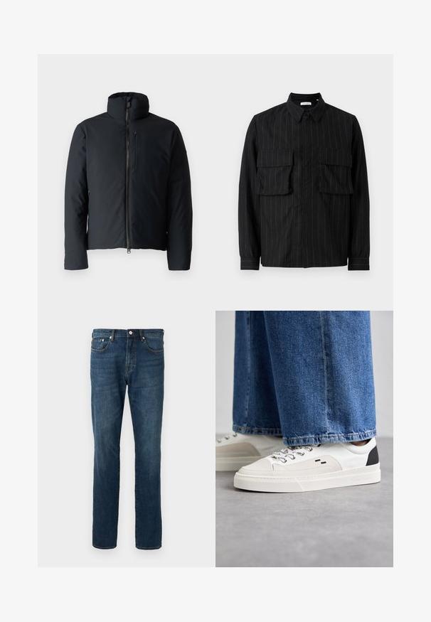 Černá zateplená bunda s vysokým límcem, předním zipem a kapsou na zip na prsou. Hladký materiál, lehce přiléhavý silueta.; Černá košile s dlouhým rukávem, která má vertikální pruhy, dvě kapsy na hrudi, límeček a zapínání na knoflíky. Měkká, strukturovaná tkanina.; Tmavě modré džínové kalhoty, rovného střihu, s pěti kapsami, zapínáním na knoflíky, s jemným vyblednutím a detaily prošití. Hladká textura.; Bílé a černé tenisky s hladkým koženým svrškem, texturovanými akcenty a robustní bílou podešví. Mají klasický design se šněrováním.