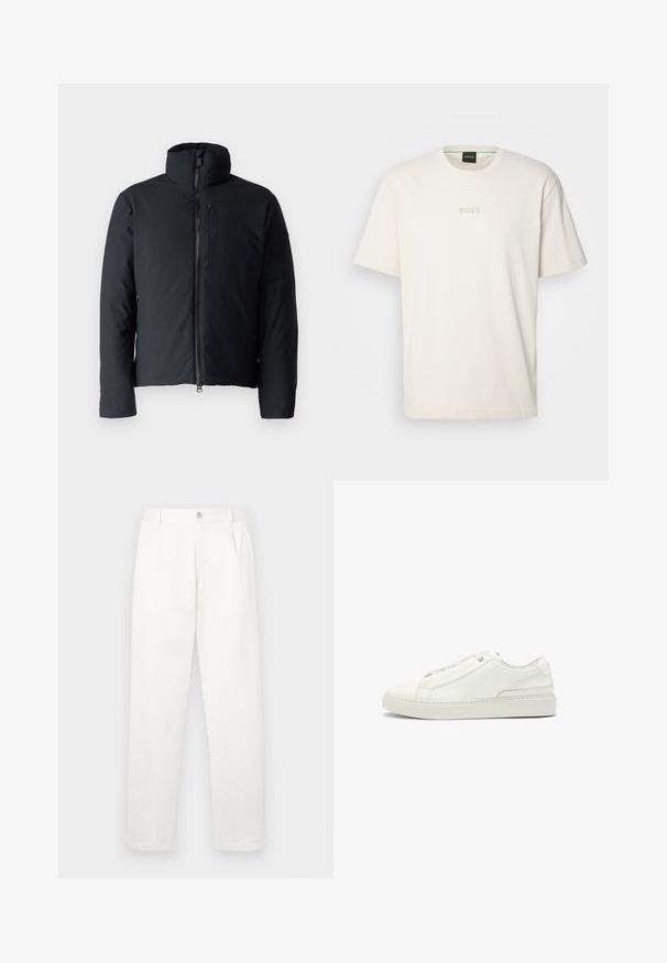 Black padded jacket with a stand collar, front zip closure, and a small chest pocket; smooth texture with a minimalist design.; BOSS TEE - Basic T-shirt - open white; White trousers made from smooth fabric, featuring a straight leg design, front pleats, and a single button closure at the waist.; White leather sneaker featuring a textured upper, a round toe, minimalistic design, and a rubber sole with stitched detailing.
