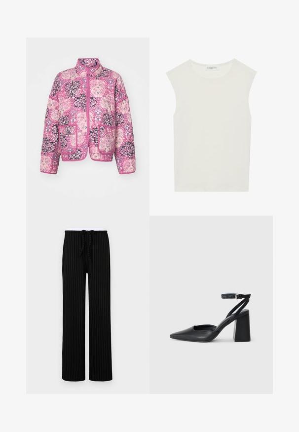 Kviltuota striukė su rožiniu gėlių raštu, pasižyminti stovinčiu apykakle, dviem priekinėmis kišenėmis ir kontrastingais apdailos elementais.; Balta be rankovių palaidinė su apvaliu kaklu. Pagaminta iš lygios medžiagos, ji turi laisvą siluetą ir minimalistinį dizainą. Be raštų ar akcentų.; Juodos dryžuotos kelnės su laisvu siluetu, turinčios elastingą juosmenį ir šnurku, pagamintos iš minkštos audinio tekstūros.; Juoda odinė smailiagalė aukštakulnio bateliai su kulkšnies dirželiu ir storu kulnu. Lygus paviršius, elegantiškas dizainas ir minimalistiška estetinė.