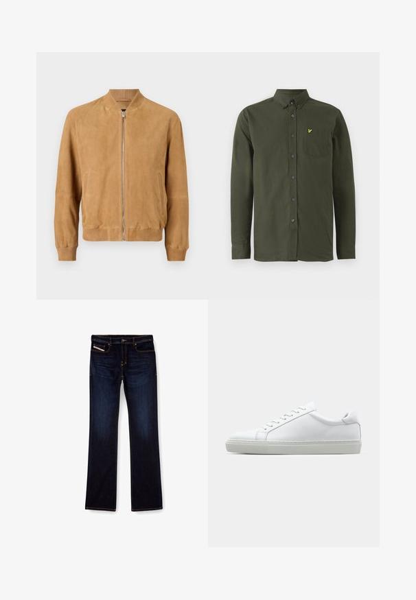 Svetlo rjava nubuk jakna bomber z zadrgo spredaj, rebrastim ovratnikom in manšeti ter stranskimi žepi; gladka tekstura z minimalnimi oblikovalskimi podrobnostmi.; Temnozelen srajc s dolgimi rokavi in gumbom na vratu, žepom na prsih in majhnim rumenim izvezenim logotipom ptice na žepu.; Temno modri jeans z ravnim krojem nogavic, s pomarančnim šivom, z zadrgo in sprednjimi žepi. Gladka tekstura in standardni pas.; Bela športna obutev z gladkim usnjenim zgornjim delom in nizkim profilom. Ima zaokrožen nos, šest lukenj za vezalke in teksturiran gumijast podplat.