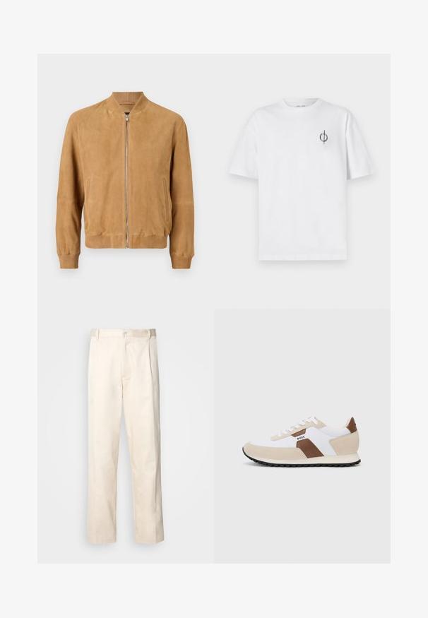Casaco bomber em camurça castanho claro com fecho frontal em zip, colarinho e punhos ribados, e bolsos laterais; textura suave com detalhes de design mínimos.; Camisa de algodão branca com um corte relaxado, apresentando um pequeno logótipo gráfico preto na área do peito esquerdo. Mangas curtas, estilo de gola redonda.; Calças de algodão bege com corte reto, apresentando um fecho de botão e pregas na frente para um detalhe adicional.; Sapatilhas com uma combinação de malha branca e camurça bege, com um detalhe em pele castanha. Bico arredondado, sola de borracha plana e design com atacadores.