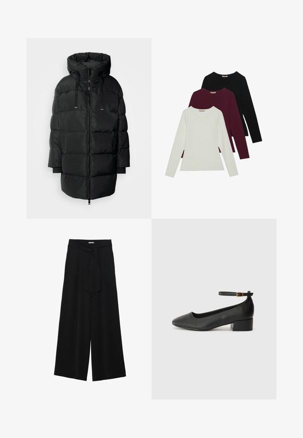 Svart polstret jakke med høy krage, frontglidelås og snorlås. Den har lange ermer og sidelommer, designet for varme og komfort.; Langermede t-skjorter i hvit, burgunder og svart. Laget av myk stoff med rund hals og tettsittende design. Egnet for lag-på-lag-styling.; Svart vide bukser med teksturert stoff, elastisk midje og avtagbart belte som gir justerbar passform.; Sorte skinnpumper med spiss tå og lav blokkhelt. Har ankelrem med gullfarget spenne. Glatt tekstur.