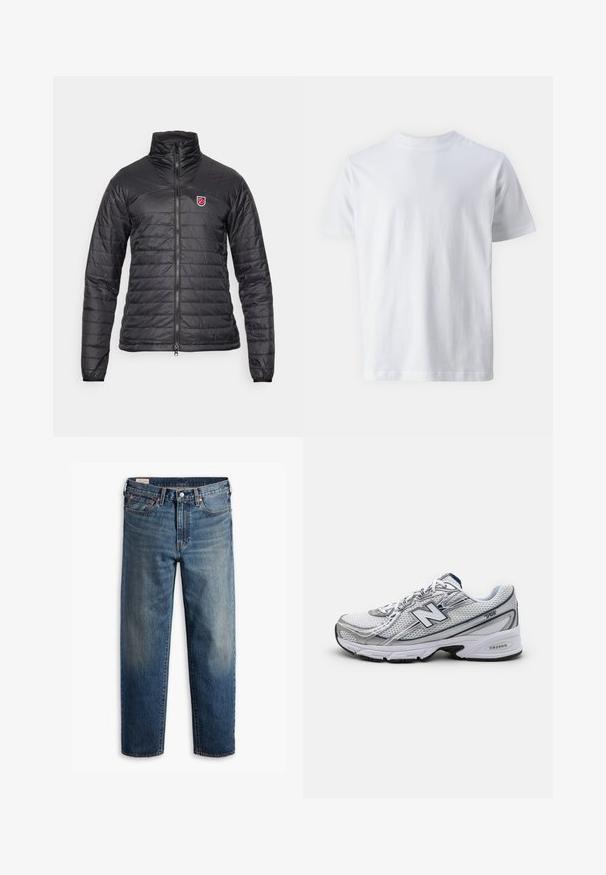 Črna izolirana jakna z visokim ovratnikom, prešito vzorcem in zadrgo. Ima majhen rdeč emblem na levi prsni strani.; Bela kratka majica s kratkimi rokavi, narejena iz bombaža, z okroglo ovratnikom in gladko teksturo, s pravim krojem in brez vzorcev.; Modre naravnost krojene jeans hlače iz denima s klasičnim pet-pocket dizajnom, zapenjanjem na gumb in subtilnim zbledelim pranjem na stegnih in kolenih.; Atletski čevlj po meri New Balance s mrežastim zgornjim delom, pretežno bel z sivo in mornarsko modro akcenti, ki vključuje oblazinjen podplat in teksturirane podrobnosti.