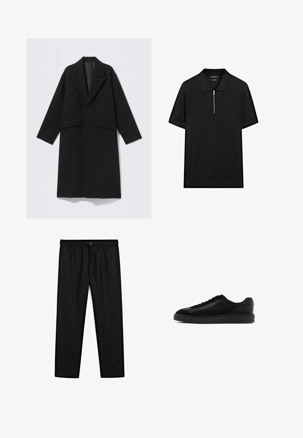 Manteau long en laine noire avec revers crantés, trois boutons sur le devant et deux poches à rabat, présenté à plat sur un fond clair.; Polo-shirt noir à manches courtes avec col montant et fermeture éclair à l'avant. Fabriqué en tissu lisse avec un design épuré et minimaliste.; Pantalons noirs en tissu léger. Dotés d'une taille élastique avec cordon de serrage et d'une fermeture à bouton. Design droit, sans motifs.; Baskets en cuir noir avec une finition lisse, bout arrondi, lacets à l'avant et une languette texturée contrastante. Semelle en caoutchouc noir épaisse.