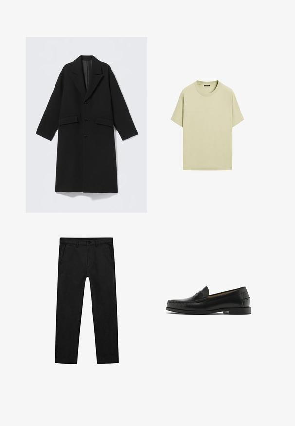 Schwarzer langer Wollmantel mit Reverskragen, drei vorderen Knöpfen und zwei Pattentaschen, flach auf hellem Hintergrund präsentiert.; Hellgrünes Baumwoll-T-Shirt mit kurzen Ärmeln, Rundhalsausschnitt und lockerer Passform. Einfach, einfarbig, ohne sichtbare Muster oder Verzierungen.; Schwarze Baumwollhose mit geradem Bein, Vorderentaschen sowie klassischem Knopfverschluss und Reißverschluss. Glatte Textur, maßgeschneiderte Passform.; Schwarze Lederloafers mit genähten Details, runder Spitze und kleinem Blockabsatz. Glatte Textur mit minimalistischem Design und als Schlupfschuhe.