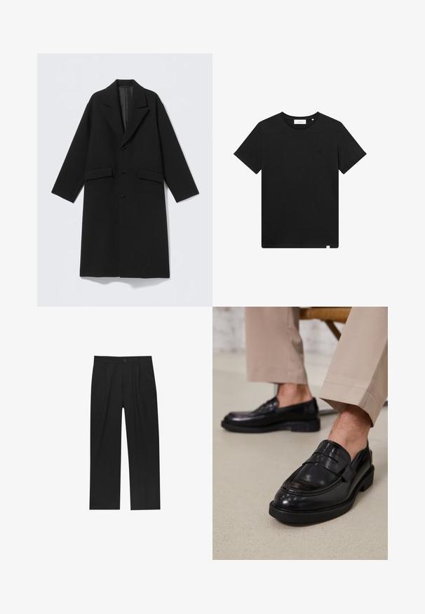 Schwarzer langer Wollmantel mit Reverskragen, drei vorderen Knöpfen und zwei Pattentaschen, flach auf hellem Hintergrund präsentiert.; Schwarzes T-Shirt mit kurzen Ärmeln aus Baumwolle, mit Rundhalsausschnitt und einem kleinen, auf der Brust gestickten Logo. Glatte Textur, normale Passform.; Schwarze Hose mit geradem Schnitt, aus einem glatten Stoff gefertigt. Verfügt über Vorderfalten und einen einzelnen Knopfverschluss an der Taille.; Schwarze Lederloafers mit glatter Oberfläche, ausgestattet mit einem dekorativen Riemen und Kontrastnähten, kombiniert mit beigen Hosen.