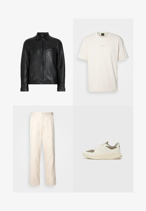 Black leather jacket with a collared neck, two zippered chest pockets, side pockets, and a smooth, textured finish. Features a front zipper closure.; BOSS TEE - Basic T-shirt - open white; Beige cotton trousers with a straight-leg cut, featuring a button closure and pleats at the front for added detail.; White and light beige athletic sneaker, featuring a mesh upper, perforated detailing, and a textured midsole with branding on the heel.