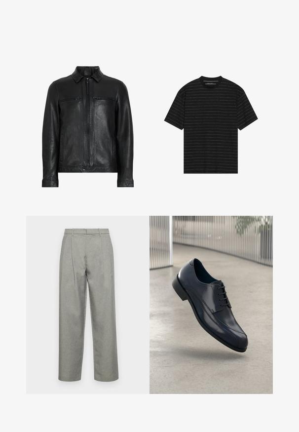 Casaco de couro preto com gola, dois bolsos no peito com fecho éclair, bolsos laterais e um acabamento liso e texturizado. Apresenta um fecho frontal com zíper.; T-shirt preto de manga curta com finas riscas horizontais brancas. Feito de um tecido suave com decote redondo e corte descontraído.; Calças cinzas ajustadas, feitas de tecido texturizado, com design de perna reta, pregas frontais e uma cintura standard com passantes para cinto.; Sapato de dress em couro preto brilhante com atacadores, flutuando acima de um chão liso e cinza claro, com barras metálicas verticais ao fundo.