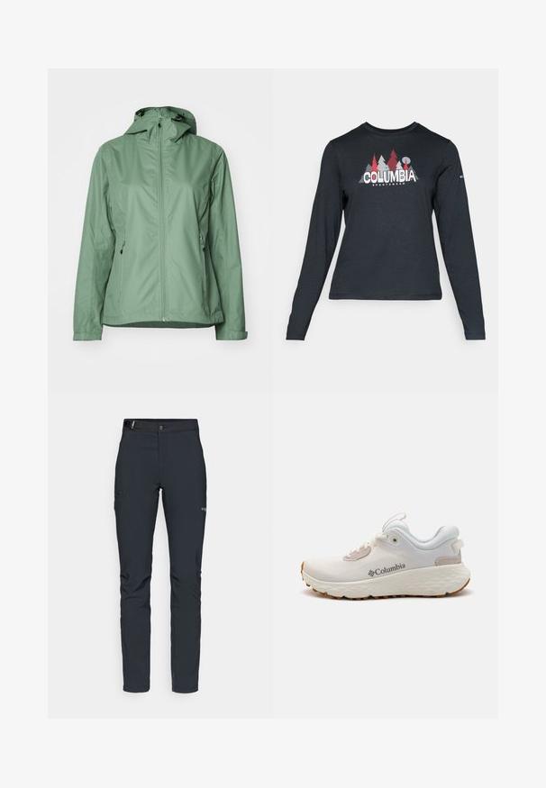 Αδιάβροχο, ελαφρύ μπουφάν σε απαλό πράσινο. Διαθέτει πλήρη μπροστινό φερμουάρ, δύο πλαϊνές τσέπες με φερμουάρ και ρυθμιζόμενη κουκούλα.; Μακρυμάνικο σκούρο γκρι πουκάμισο με γραφικό κόκκινων δέντρων και βουνών; το λογότυπο "COLUMBIA" σε έντονο λευκό κείμενο. Μαλακό ύφασμα, τυπικός στρογγυλός λαιμός.; Ανδρικά παντελόνια εξωτερικών δραστηριοτήτων, σκούρο γκρι, φτιαγμένα από ευέλικτο υλικό, με ζώνη, τσέπες με φερμουάρ και ενισχυμένες ραφές.; Ελαφρύ αθλητικό παπούτσι Columbia σε λευκό διχτυωτό υλικό με υφή γκρι σόλας και ελαστική πρόσφυση. Διαθέτει επενδεδυμένο κολάρο και σχέδιο με κορδόνια.