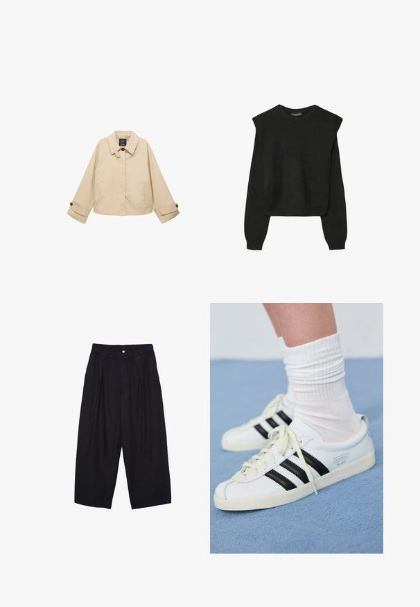 Bežna skrajšana jakna z zaobljenim ovratnikom, dvema sprednjima žepoma in gumbnimi manšetami. Narejena iz gladkega, lahkega materiala.; Črn dolgi pulover iz pletenine z oblazinjenimi rameni ter rebrastimi manšetami in robom, prikazan na beli podlagi.; Črne poliesterske culotte hlače z elastičnim pasom, dvema sprednjima nabiranjema in ohlapnim krojem. Brez vidnih vzorcev ali kovinskih detajlov.; Bele usnjene športne čevlje z črnimi črtami, kremnim podplatom in svetlimi vezalkami. Obuti z belimi rebrastimi nogavicami, postavljeni na modro ozadje.